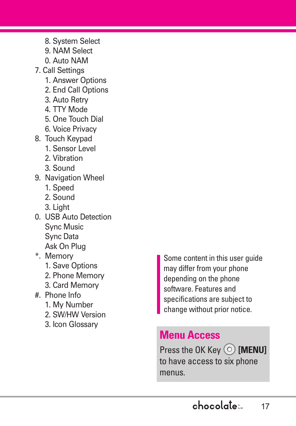 Menu access | LG Chocolate User Manual | Page 19 / 262