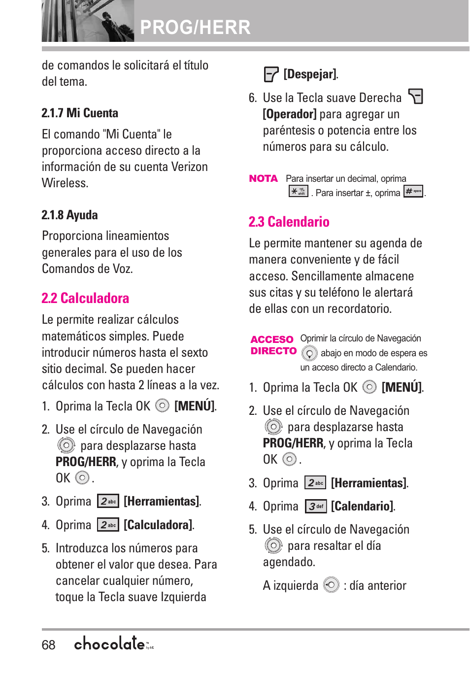 7 mi cuenta, 8 ayuda, 2 calculadora | 3 calendario, 7 mi cuenta 2.1.8 ayuda, Prog/herr | LG Chocolate User Manual | Page 193 / 262