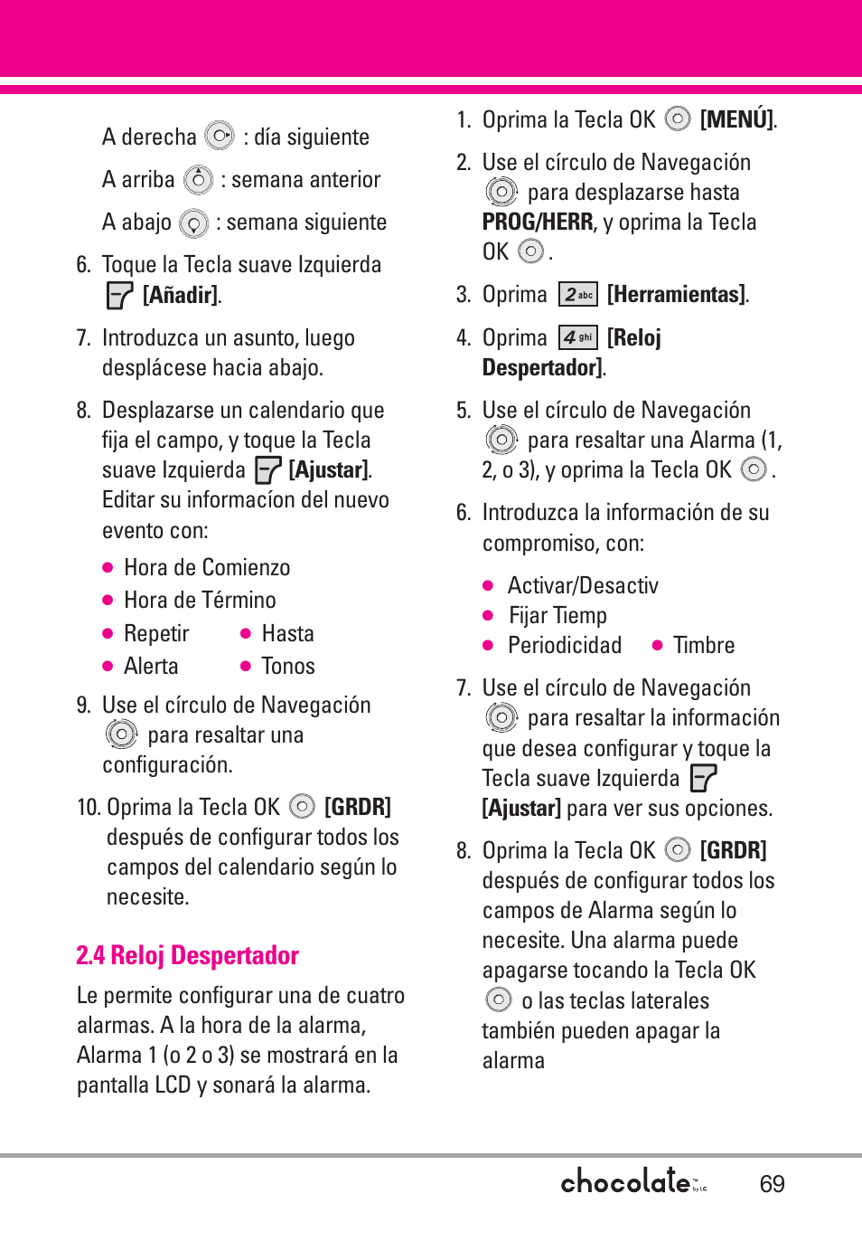 4 reloj despertador, 5 cronómetro | LG Chocolate User Manual | Page 194 / 262