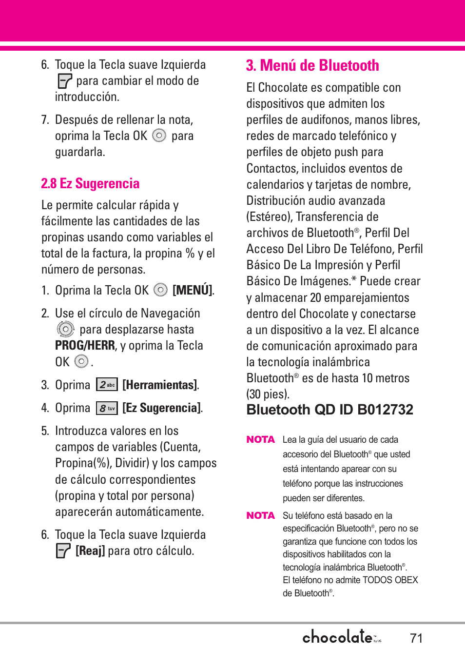8 ez sugerencia, Menú de bluetooth | LG Chocolate User Manual | Page 196 / 262