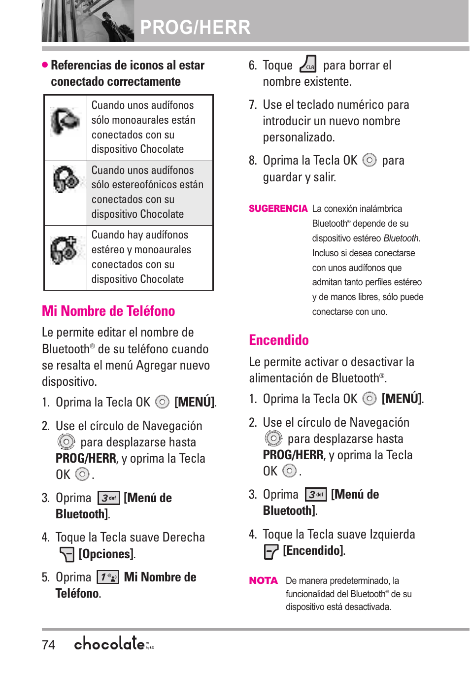 Mi nombre de teléfono, Encendido, Modo de descubrimiento | Prog/herr | LG Chocolate User Manual | Page 199 / 262
