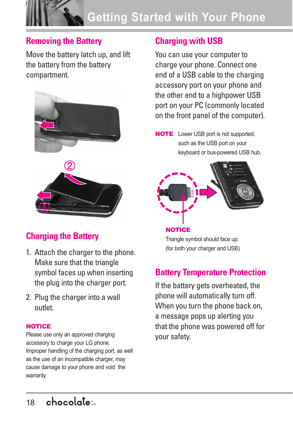 Getting started with your p, Removing the battery, Charging the battery | Charging with usb, Battery temperature protection, Getting started with your phone | LG Chocolate User Manual | Page 20 / 262