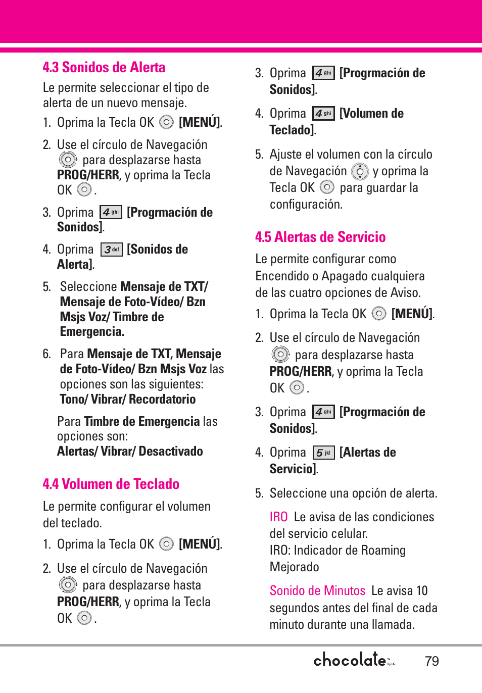 4 volumen de teclado, 5 alertas de servicio | LG Chocolate User Manual | Page 204 / 262