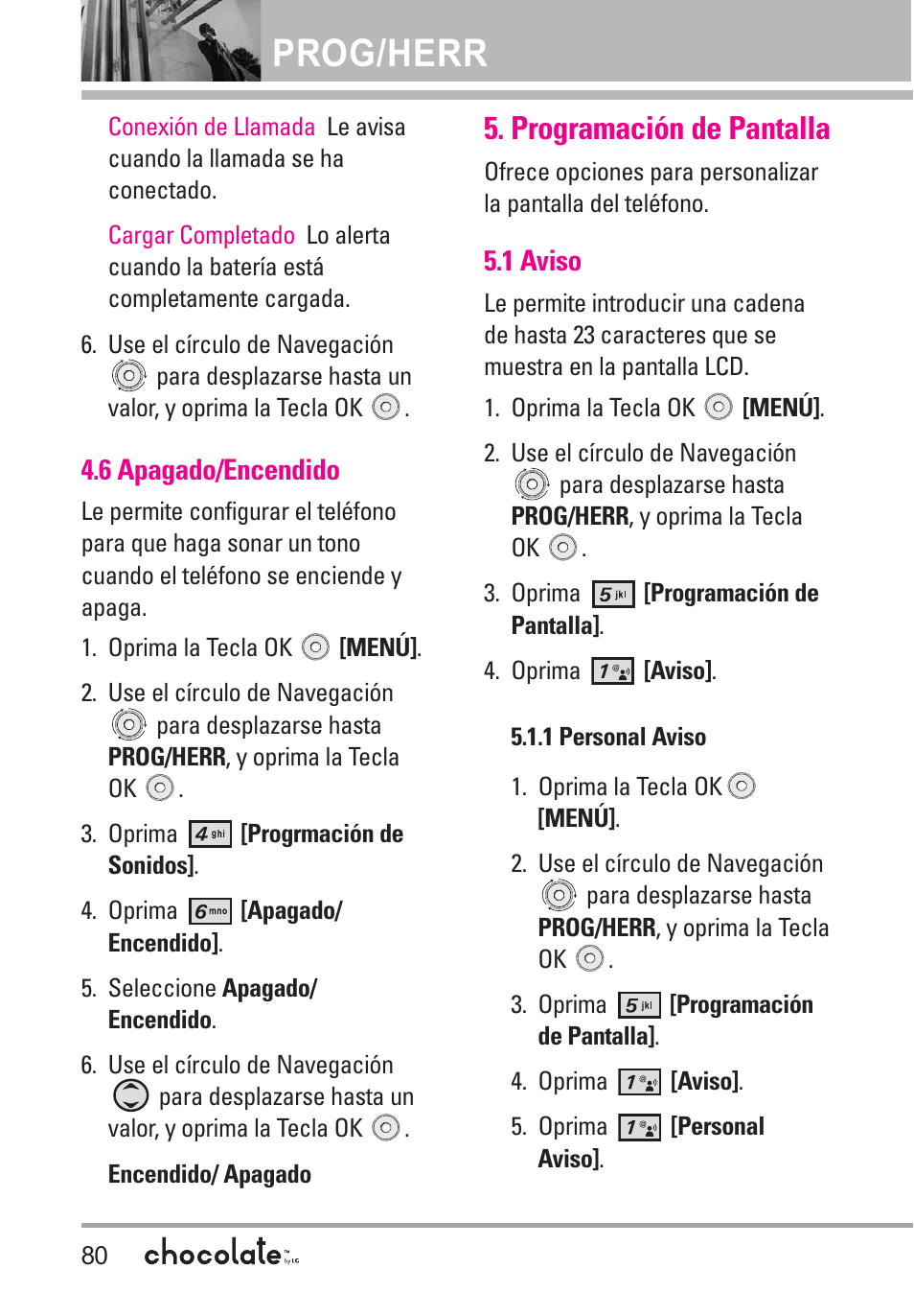 6 apagado/encendido, Programación de pantalla, 1 aviso | 1 personal aviso, Prog/herr | LG Chocolate User Manual | Page 205 / 262