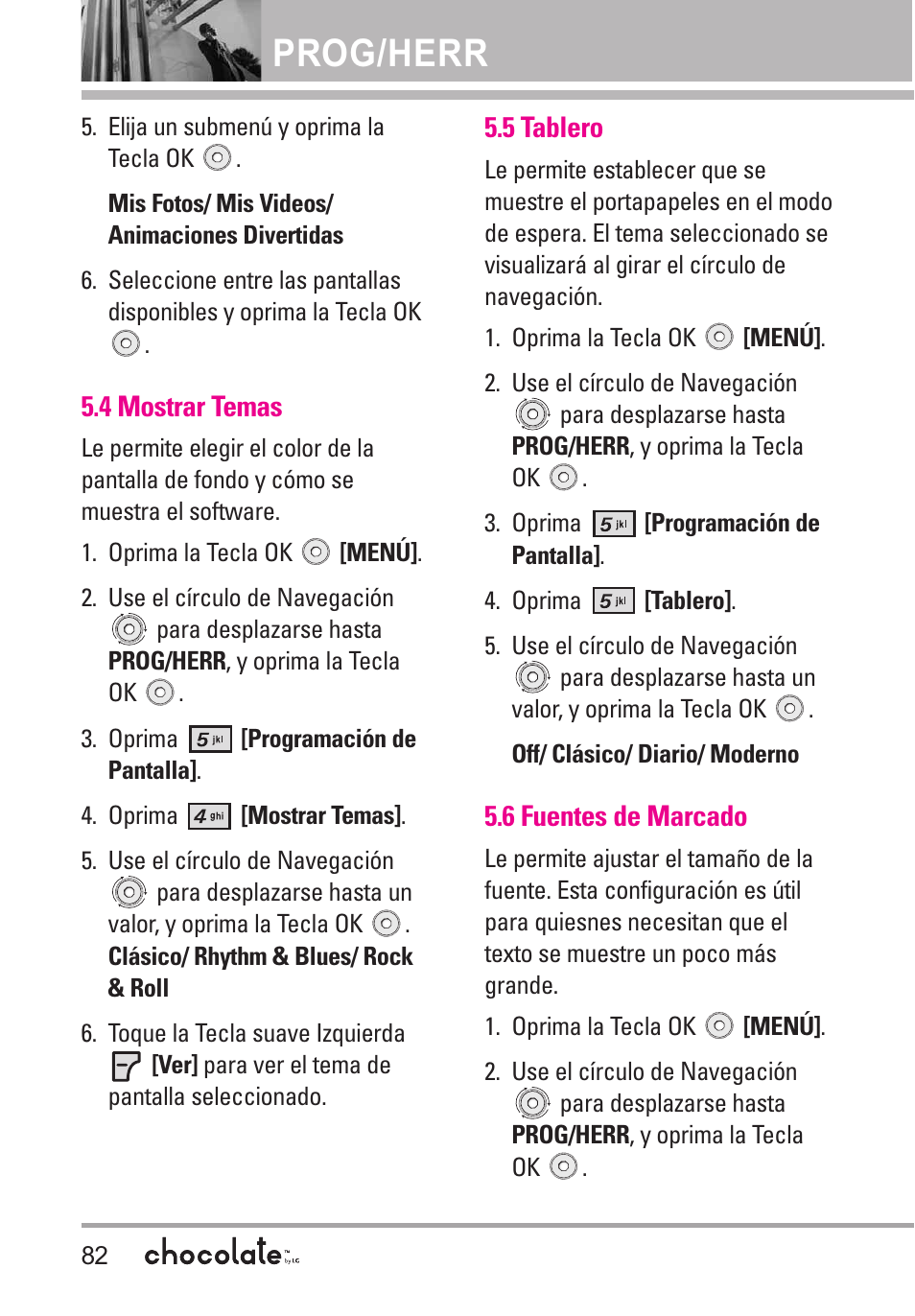 4 mostrar temas, 5 tablero, 6 fuentes de marcado | Prog/herr | LG Chocolate User Manual | Page 207 / 262