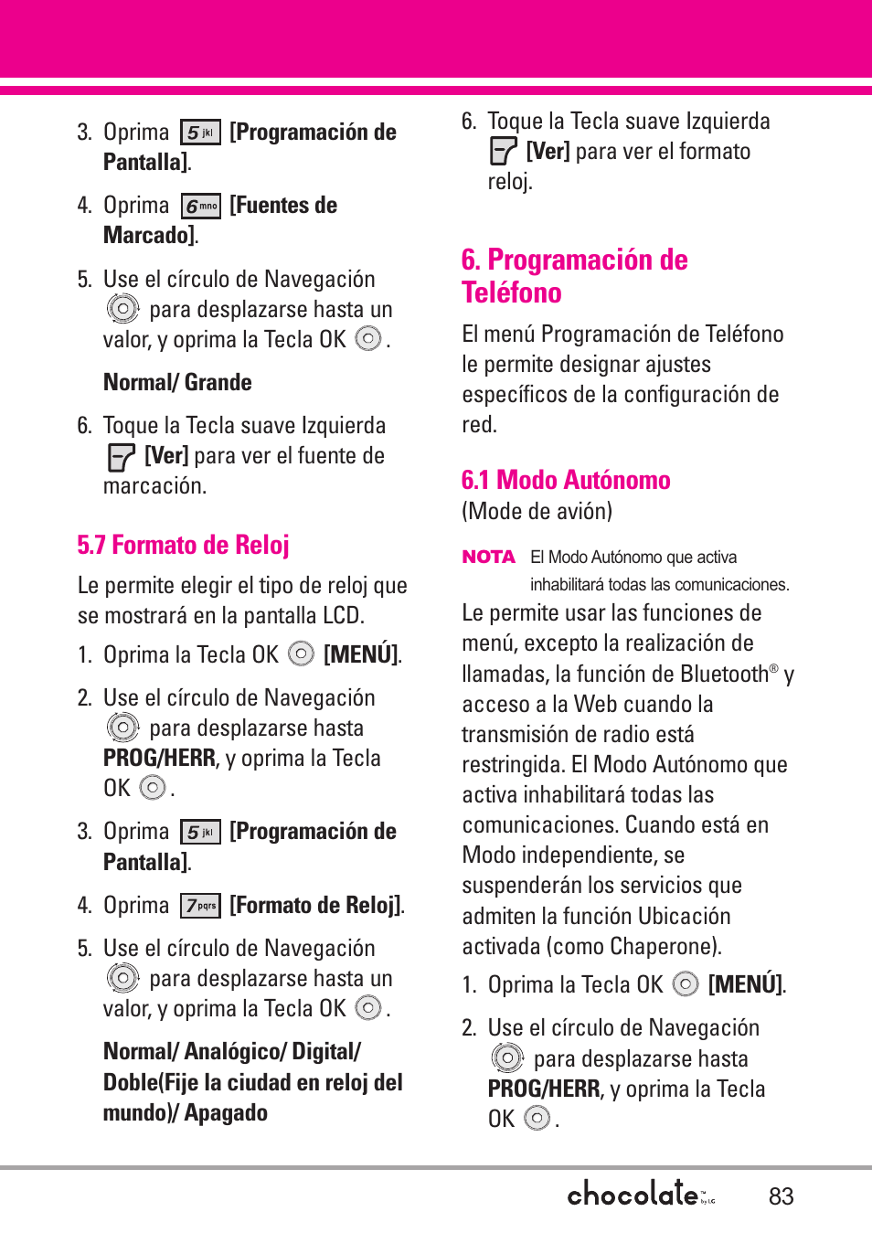 7 formato de reloj, Programación de teléfono, 1 modo autónomo | LG Chocolate User Manual | Page 208 / 262