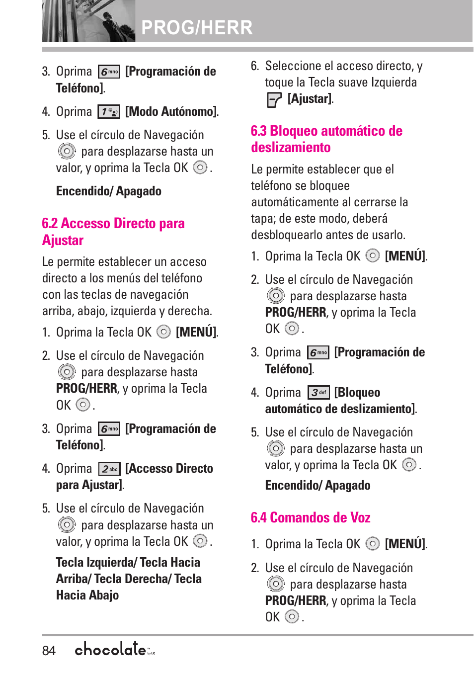 2 accesso directo para aju, 3 bloqueo automático de de, 4 comandos de voz | 2 accesso directo para ajustar, 3 bloqueo automático de deslizamiento, Prog/herr | LG Chocolate User Manual | Page 209 / 262