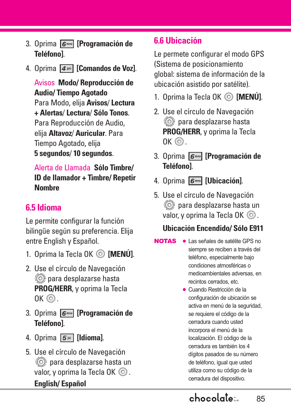 5 idioma, 6 ubicación | LG Chocolate User Manual | Page 210 / 262