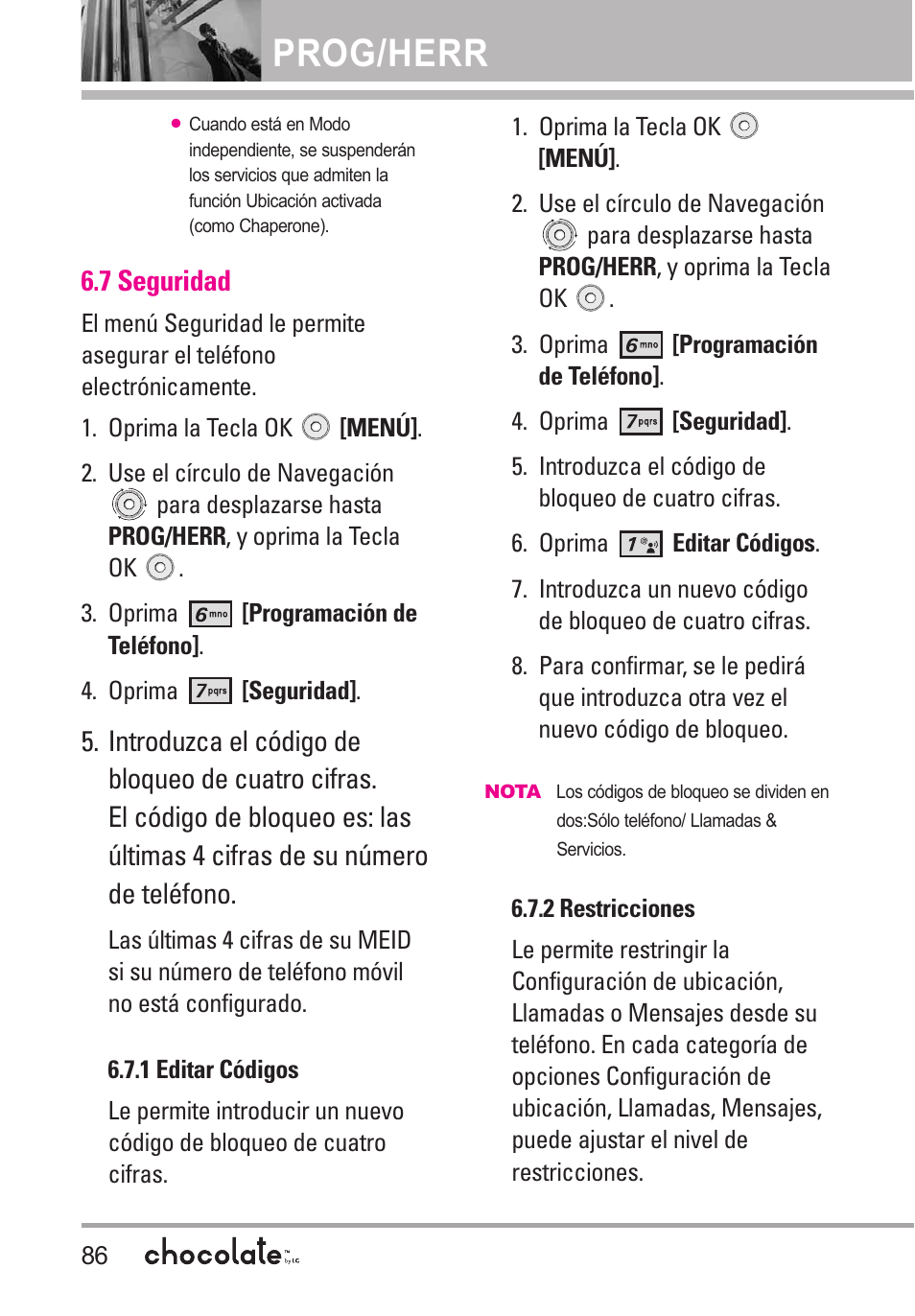 7 seguridad, 1 editar códigos, 2 restricciones | 1 editar códigos 6.7.2 restricciones, Prog/herr | LG Chocolate User Manual | Page 211 / 262