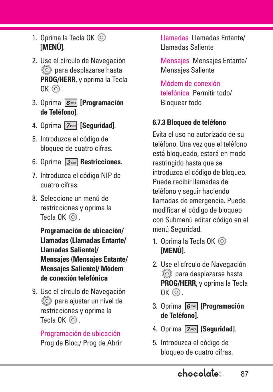 3 bloqueo de teléfono | LG Chocolate User Manual | Page 212 / 262