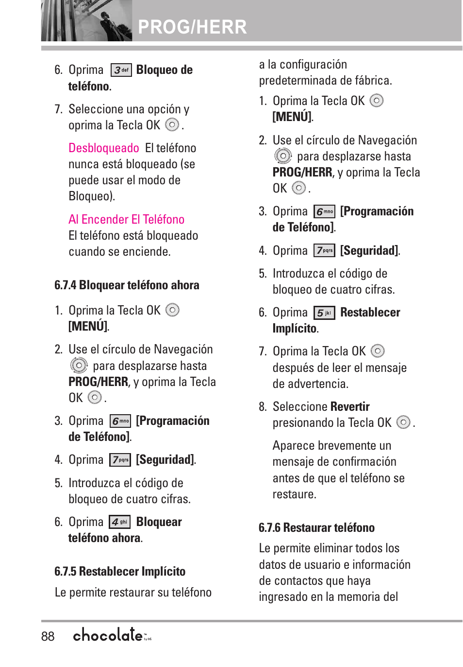 4 bloquear teléfono ahora, 5 restablecer implícito, 6 restaurar teléfono | Prog/herr | LG Chocolate User Manual | Page 213 / 262