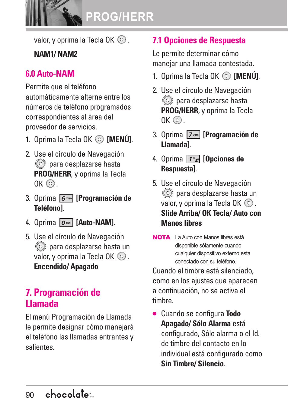 0 auto-nam, Programación de llamada, 1 opciones de respuesta | Prog/herr | LG Chocolate User Manual | Page 215 / 262