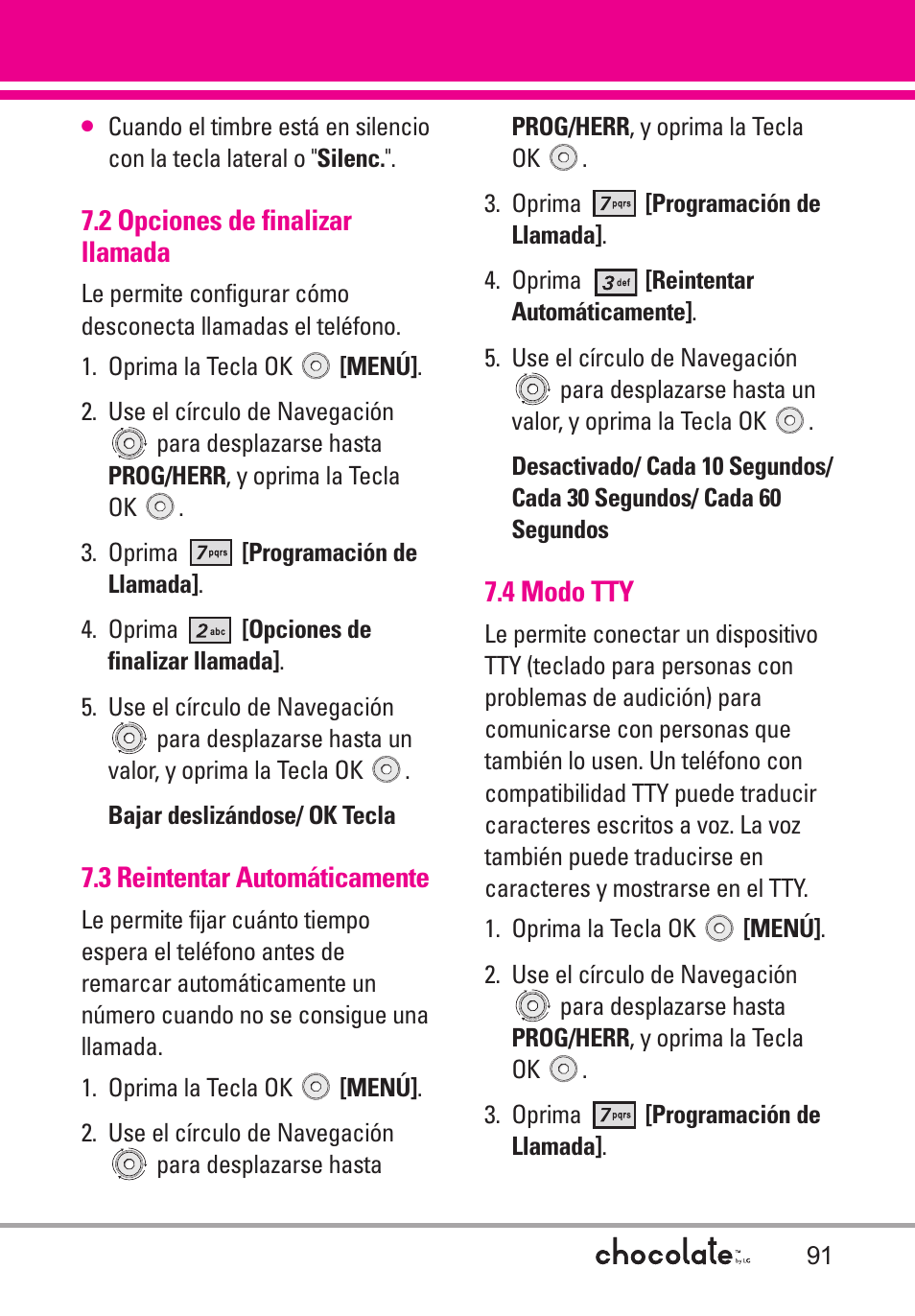 2 opciones de finalizar ll, 3 reintentar automáticamente, 4 modo tty | 2 opciones de finalizar llamada | LG Chocolate User Manual | Page 216 / 262