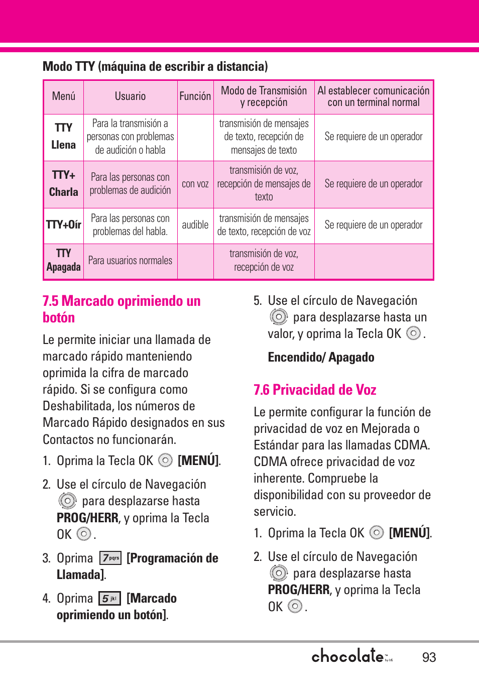 6 privacidad de voz, 5 marcado oprimiendo un botón | LG Chocolate User Manual | Page 218 / 262