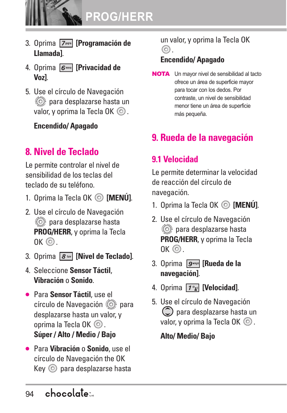 Nivel de teclado, Rueda de la navegación, 1 velocidad | 2 sonido, Prog/herr | LG Chocolate User Manual | Page 219 / 262