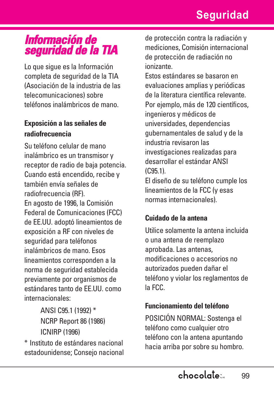 Seguridad, Información de seguridad de, Exposición a las señales de | Cuidado de la antena, Funcionamiento del teléfono, Información de seguridad de la tia | LG Chocolate User Manual | Page 224 / 262