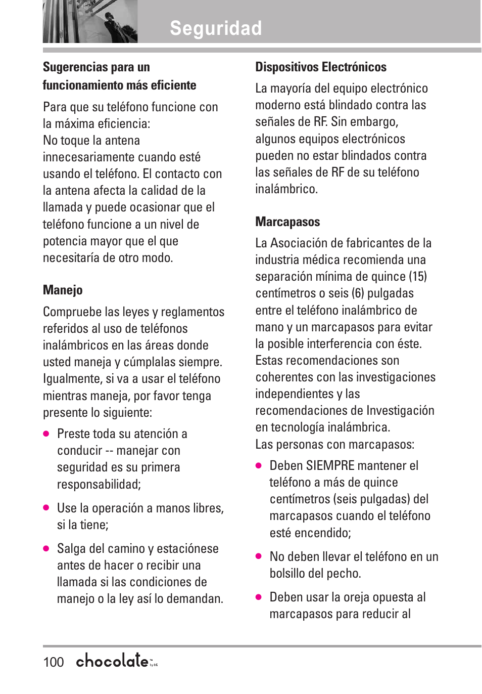 Sugerencias para un funciona, Manejo, Dispositivos electrónicos | Marcapasos, Seguridad | LG Chocolate User Manual | Page 225 / 262