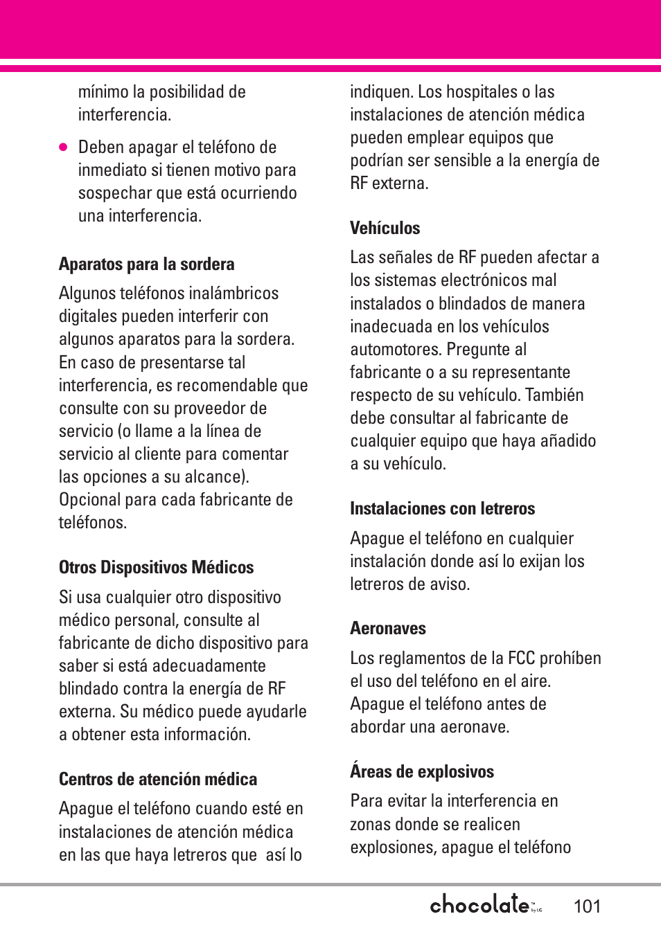 Aparatos para la sordera, Otros dispositivos médicos, Centros de atención médica | Vehículos, Instalaciones con letreros, Aeronaves, Áreas de explosivos | LG Chocolate User Manual | Page 226 / 262