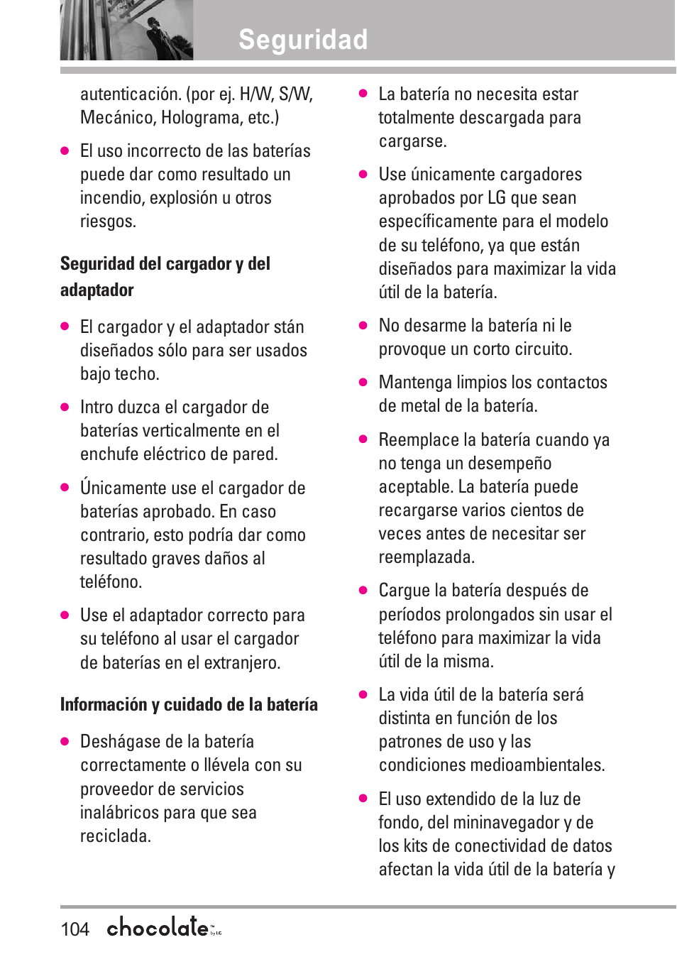Seguridad del cargador y del, Información y cuidado de la, Seguridad | LG Chocolate User Manual | Page 229 / 262