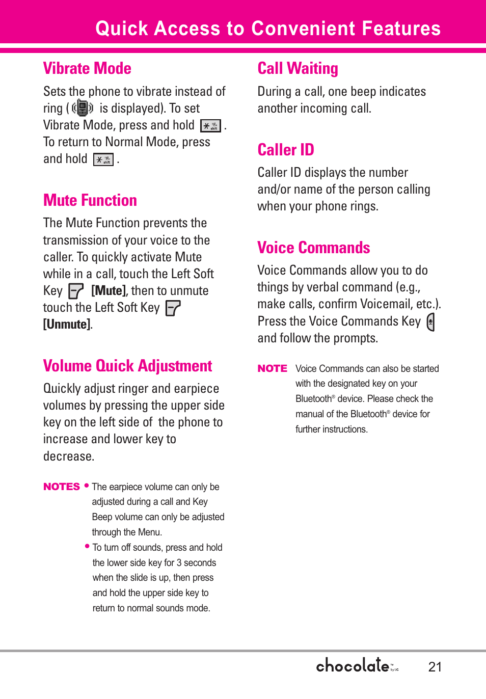 Quick access to convenient f, Vibrate mode, Mute function | Volume quick adjustment, Call waiting, Caller id, Voice commands, Quick access to convenient features | LG Chocolate User Manual | Page 23 / 262