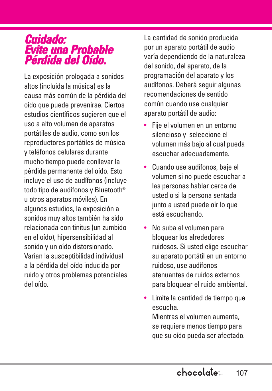 Cuidado: evite una probable, Cuidado: evite una probable pérdida del oído | LG Chocolate User Manual | Page 232 / 262