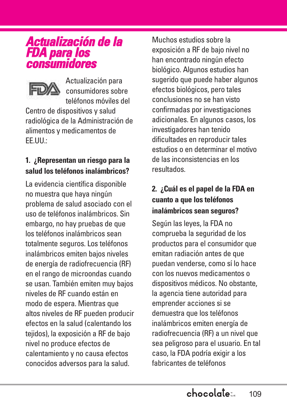 Actualización de la fda para, Actualización de la fda para los consumidores | LG Chocolate User Manual | Page 234 / 262