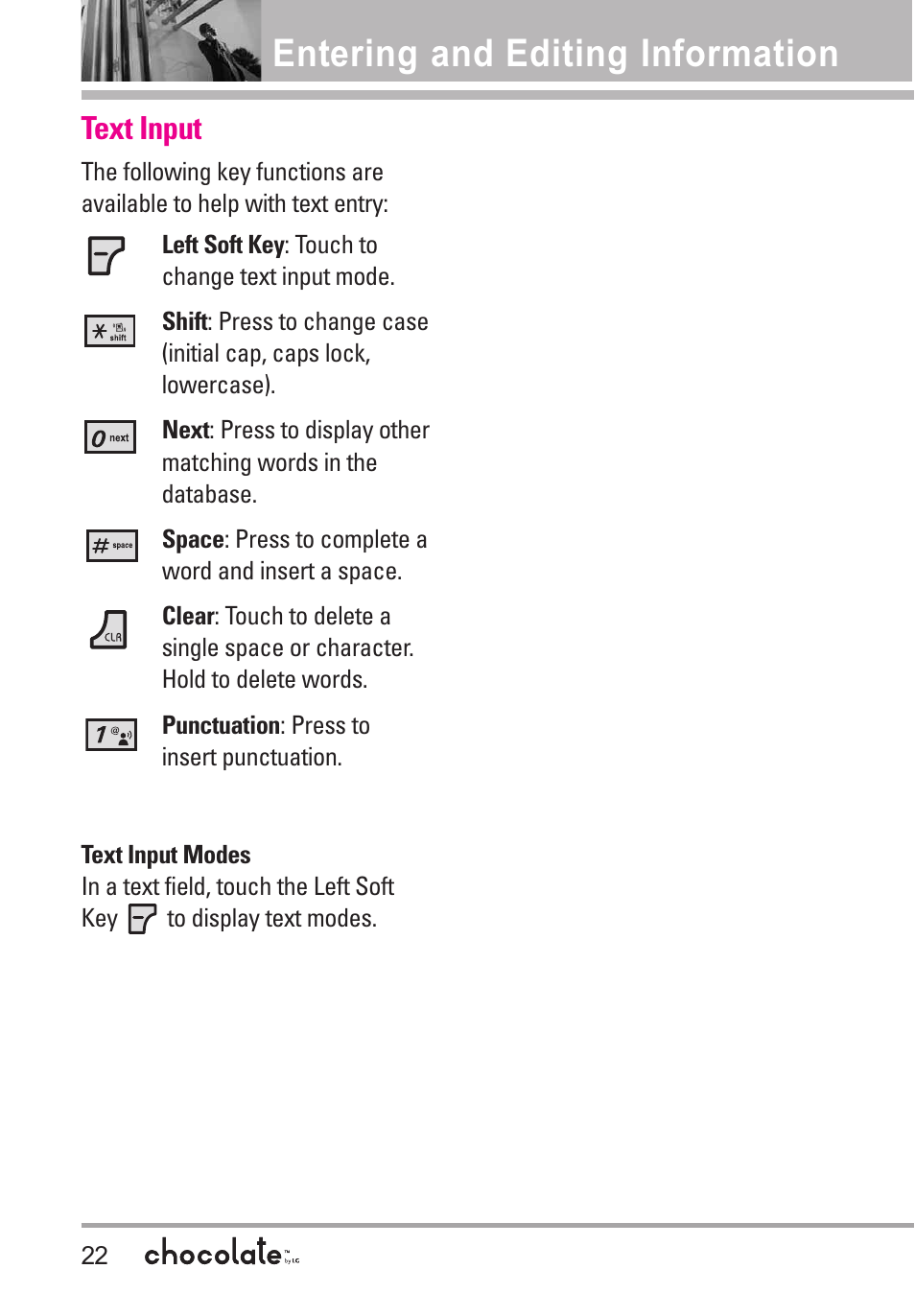 Entering and editing inform, Text input, Entering and editing information | LG Chocolate User Manual | Page 24 / 262