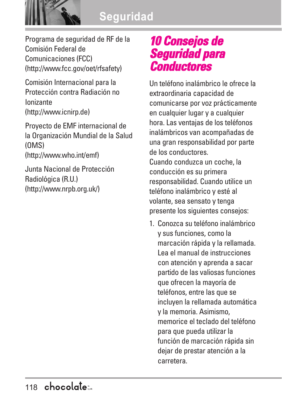 10 consejos de seguridad par, 10 consejos de seguridad para conductores | LG Chocolate User Manual | Page 243 / 262