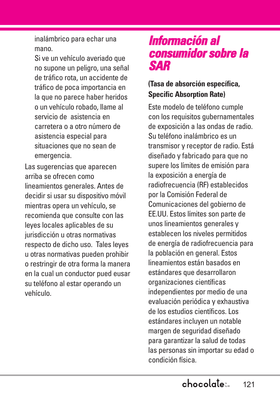 Información al consumidor so, Información al consumidor sobre la sar | LG Chocolate User Manual | Page 246 / 262