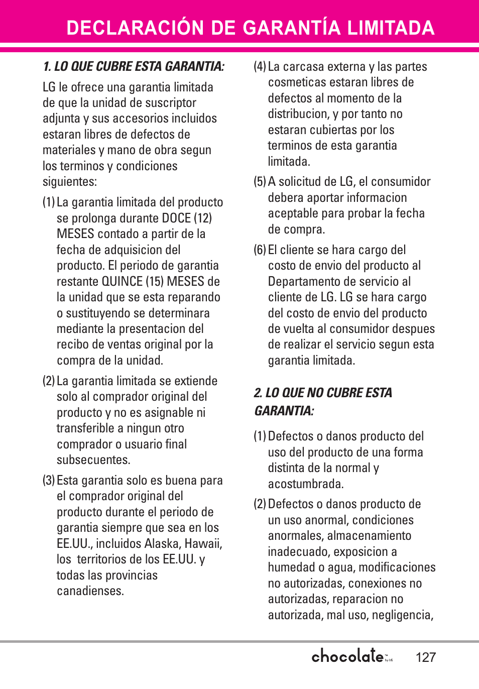 Declaración de garantía limi, Declaración de garantía limitada | LG Chocolate User Manual | Page 252 / 262