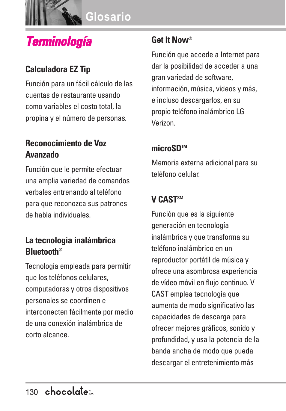 Glosario, Terminología, Tte errm miin no ollo og gíía a | LG Chocolate User Manual | Page 255 / 262