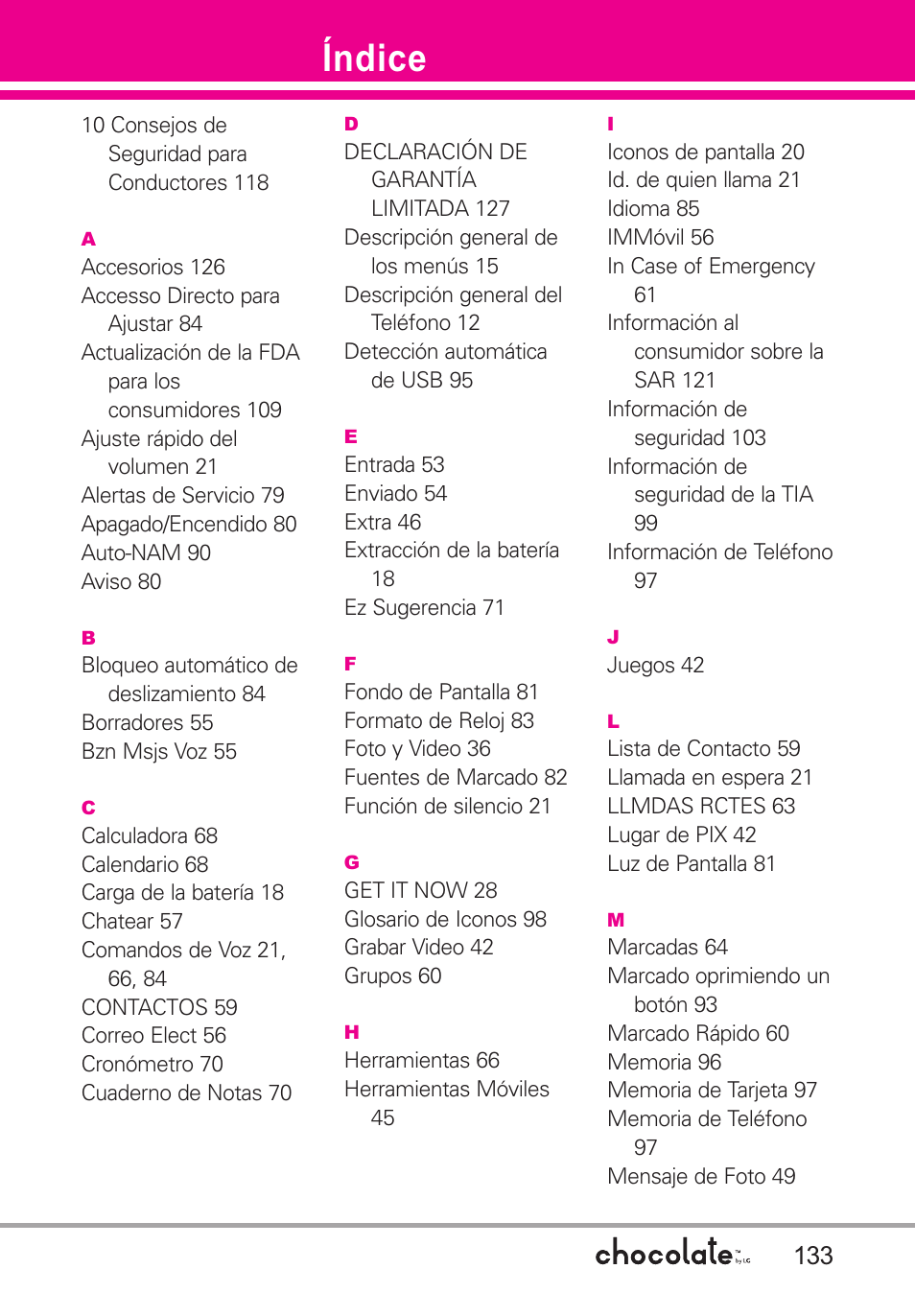 Índice | LG Chocolate User Manual | Page 258 / 262