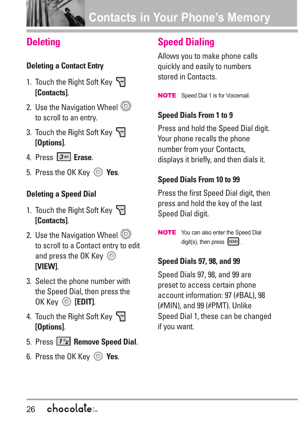 Deleting, Speed dialing | LG Chocolate User Manual | Page 28 / 262