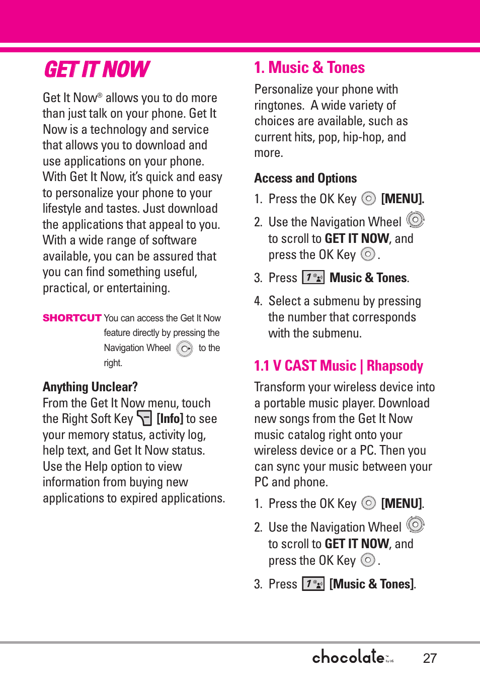 Get it now, Music & tones, 1 v cast music | rhapsody | Gge et t iit t n no ow w | LG Chocolate User Manual | Page 29 / 262