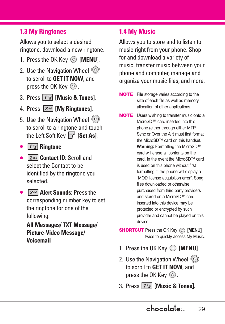 3 my ringtones, 4 my music | LG Chocolate User Manual | Page 31 / 262