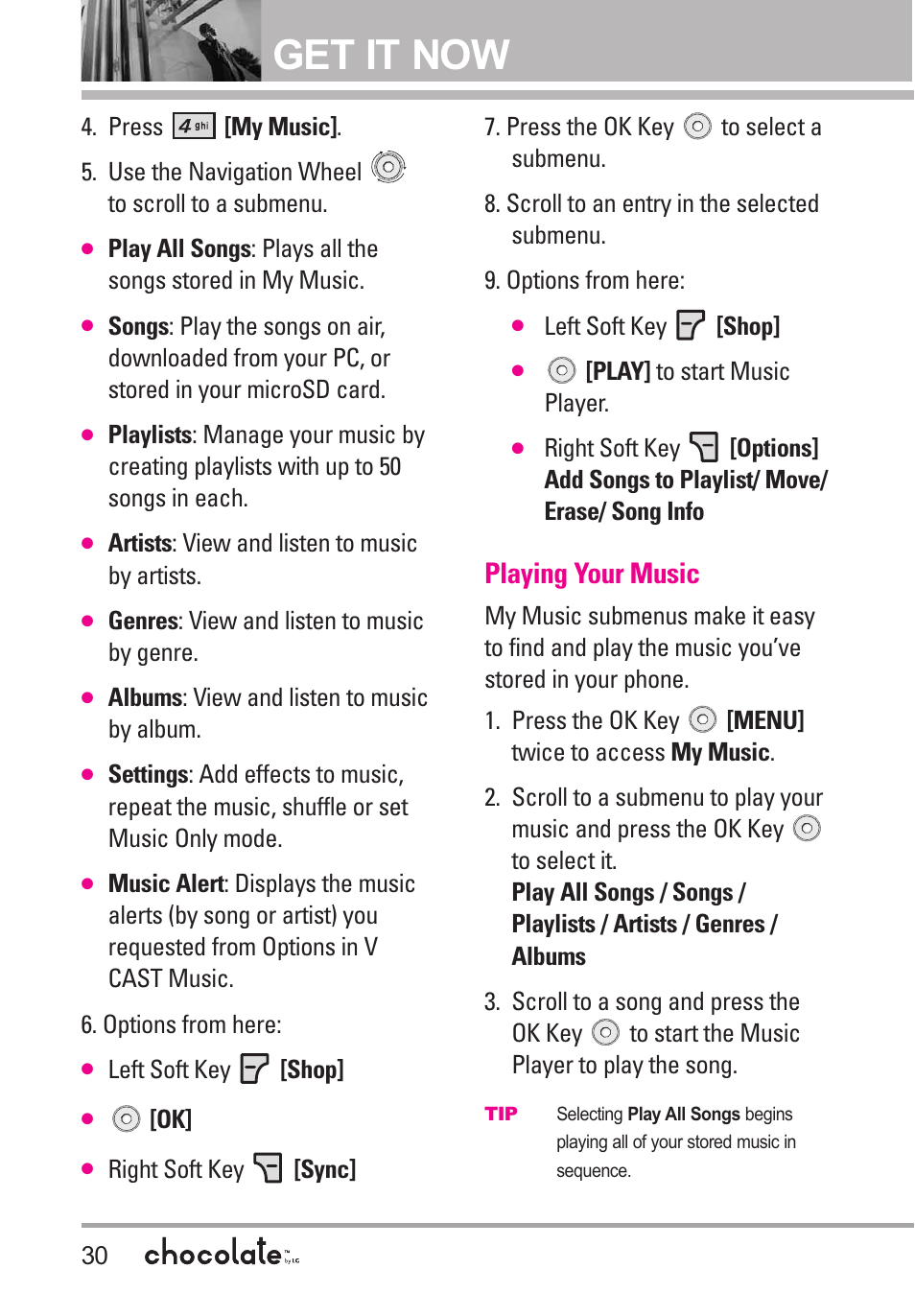 Playing your music, Get it now | LG Chocolate User Manual | Page 32 / 262