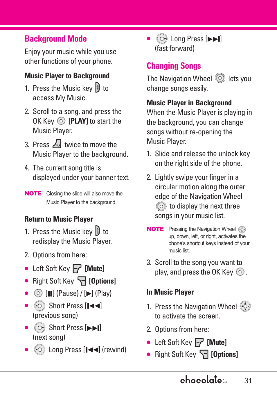 Background mode, Changing songs | LG Chocolate User Manual | Page 33 / 262