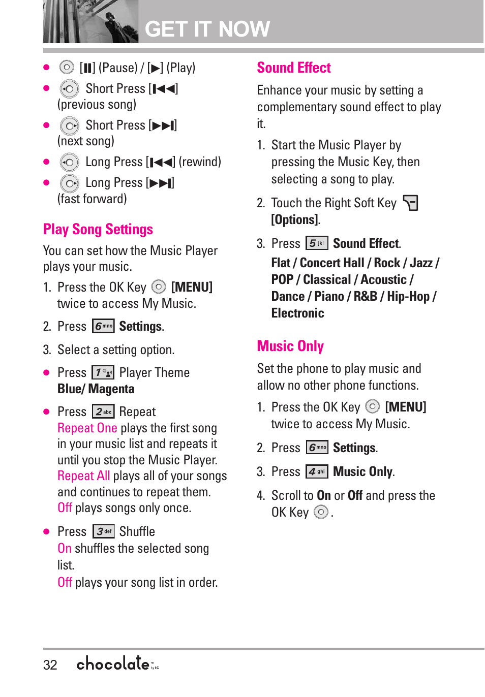 Play song settings, Sound effect, Music only | Get it now | LG Chocolate User Manual | Page 34 / 262