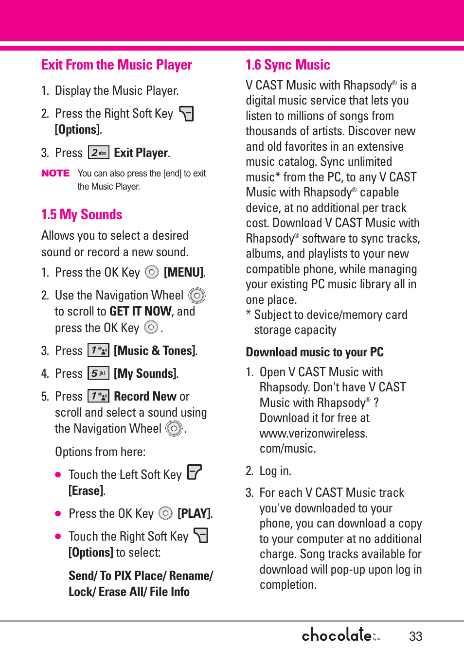 Exit from the music player, 5 my sounds, 6 sync music | LG Chocolate User Manual | Page 35 / 262