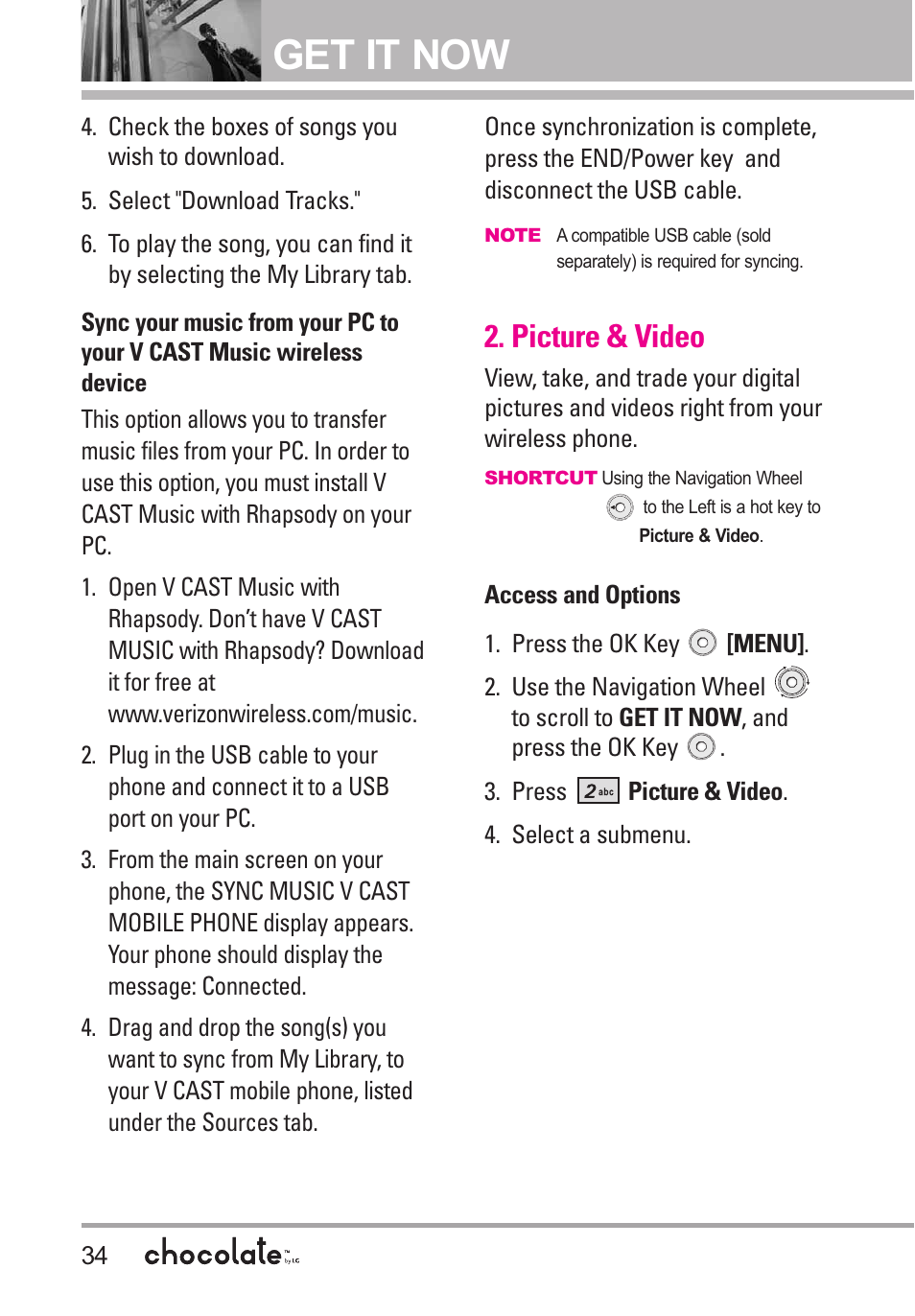 Picture & video, Get it now | LG Chocolate User Manual | Page 36 / 262