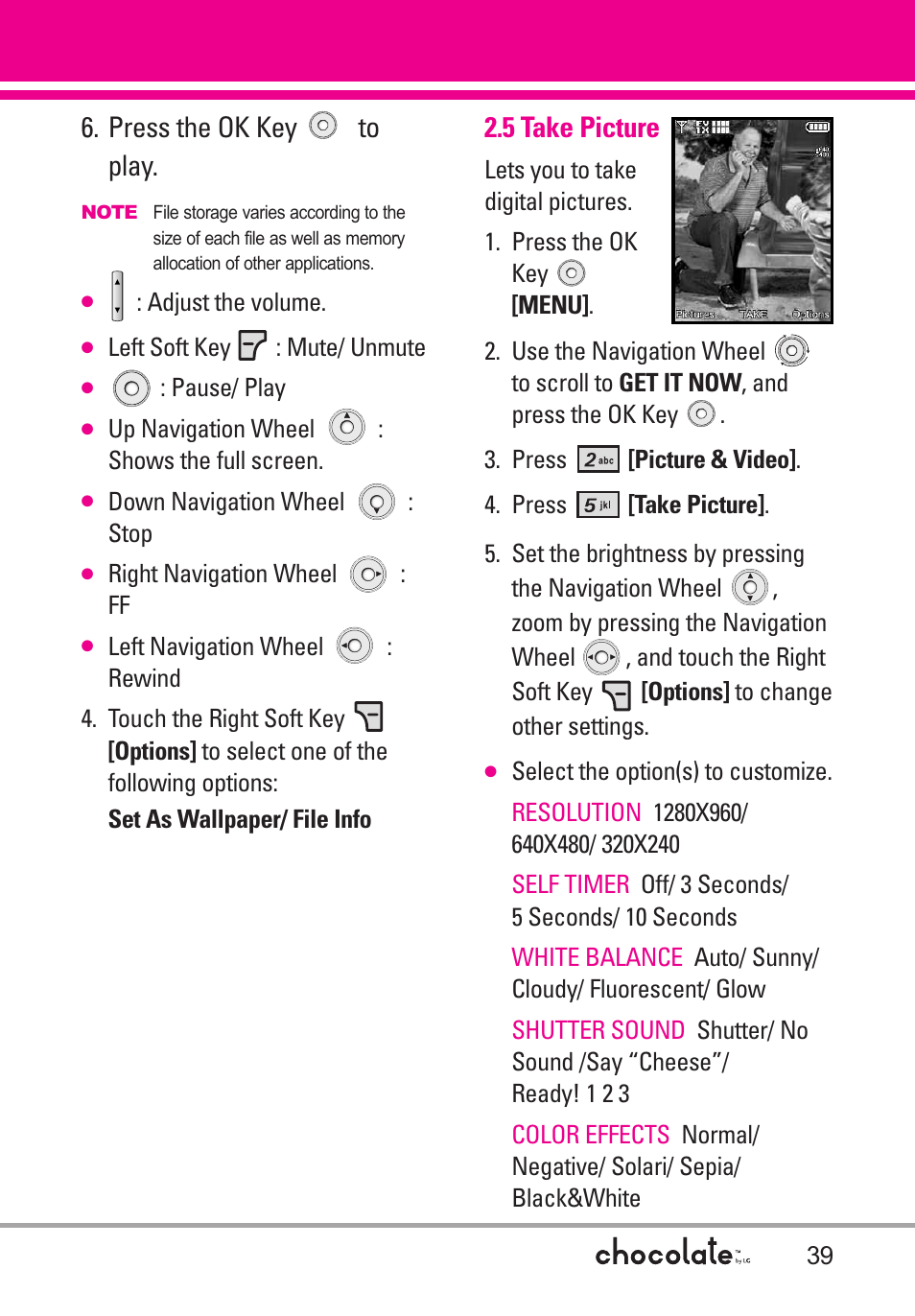 5 take picture, Press the ok key to play | LG Chocolate User Manual | Page 41 / 262
