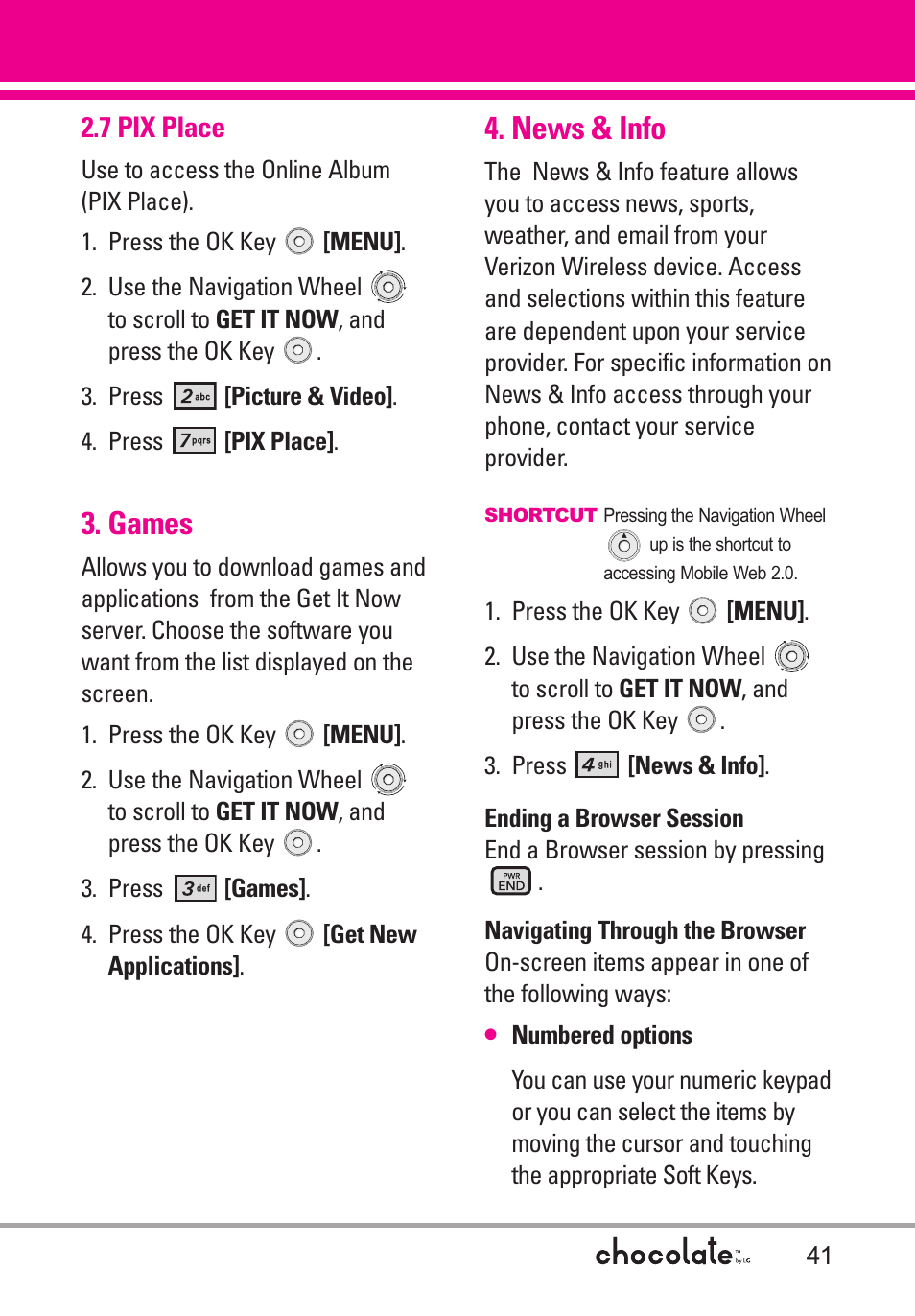 7 pix place, Games, News & info | LG Chocolate User Manual | Page 43 / 262