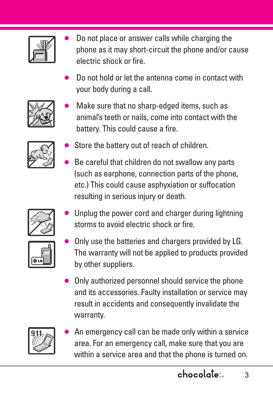 Store the battery out of reach of children | LG Chocolate User Manual | Page 5 / 262