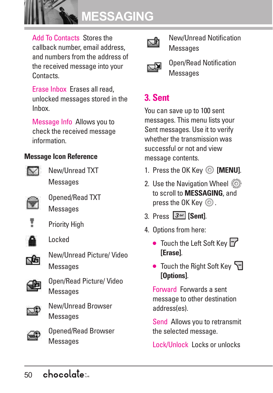 Sent, Messaging | LG Chocolate User Manual | Page 52 / 262