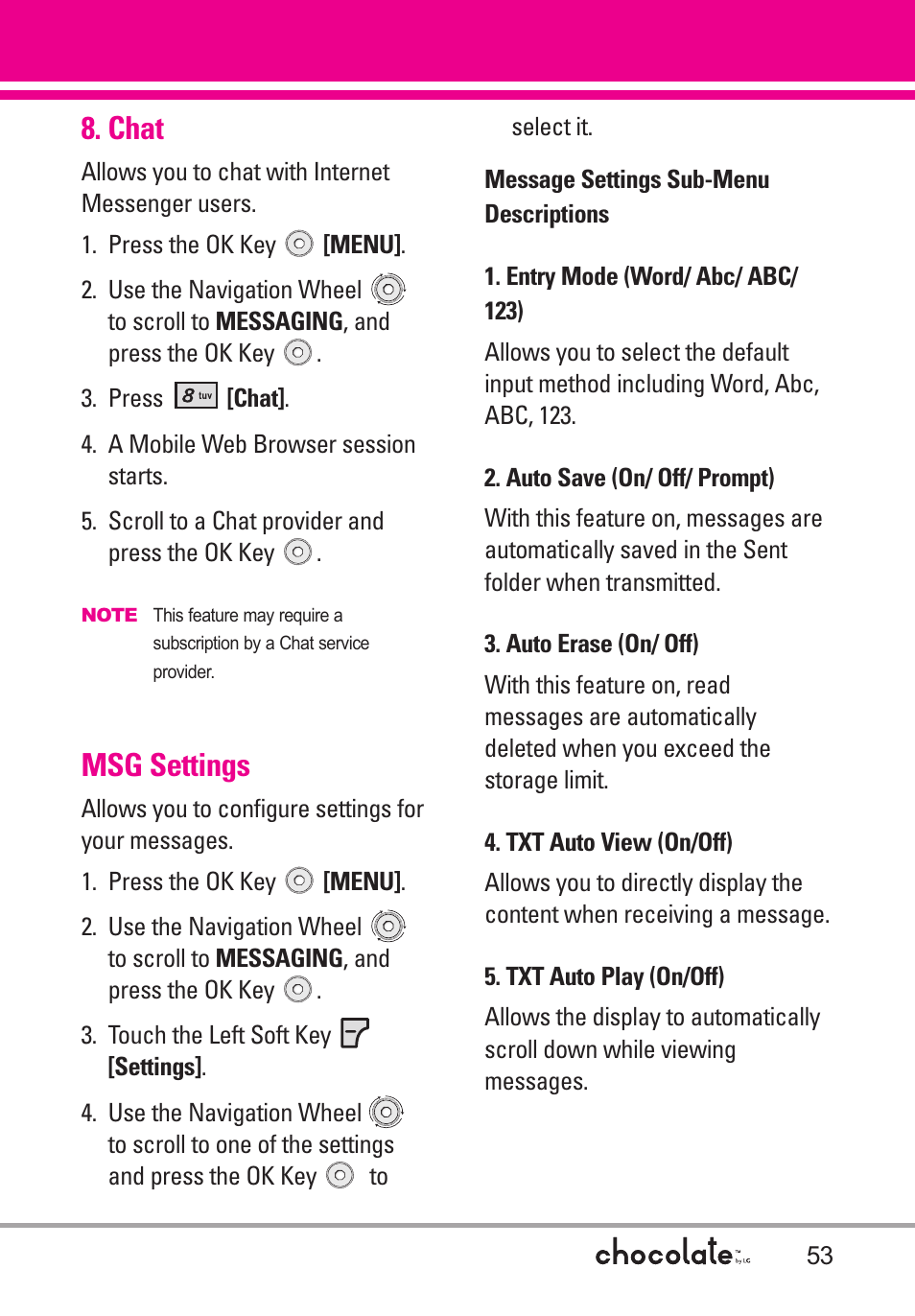 Chat, Msg settings, Entry mode (word/ abc/ ab | Auto save (on/ off/ prompt), Auto erase (on/ off), Txt auto view (on/off), Txt auto play (on/off), Entry mode (word/ abc/ abc/ 123) | LG Chocolate User Manual | Page 55 / 262