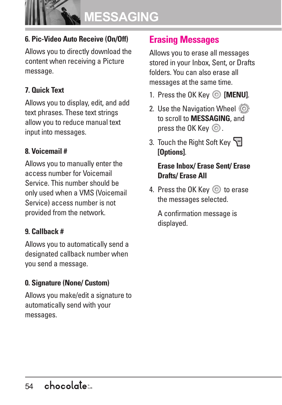 Pic-video auto receive (o, Quick text, Voicemail | Callback, Signature (none/ custom), Erasing messages, Pic-video auto receive (on/off) 54, Messaging | LG Chocolate User Manual | Page 56 / 262