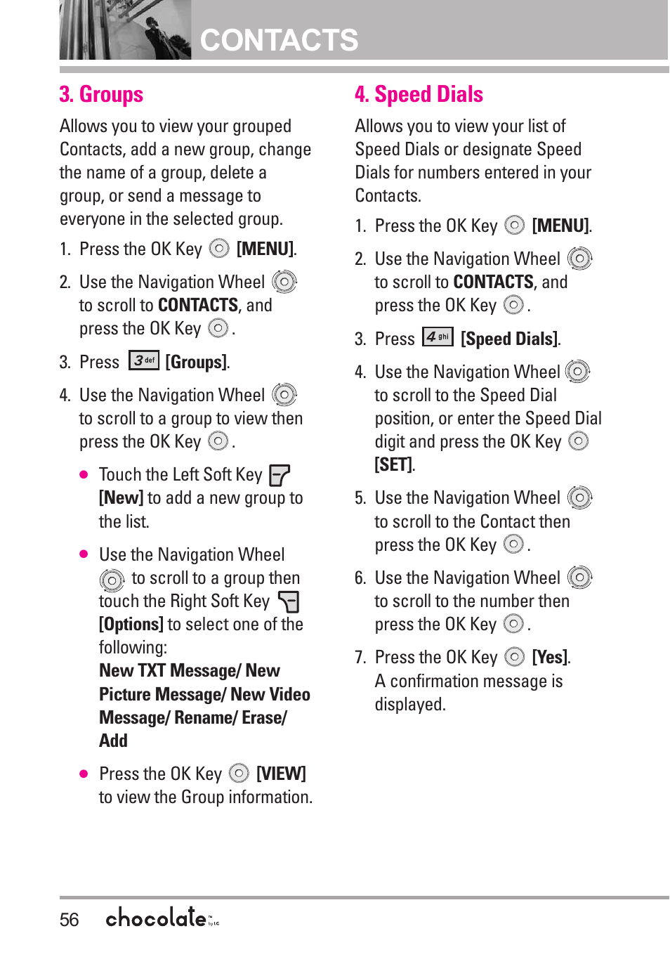 Groups, Speed dials, Contacts | LG Chocolate User Manual | Page 58 / 262