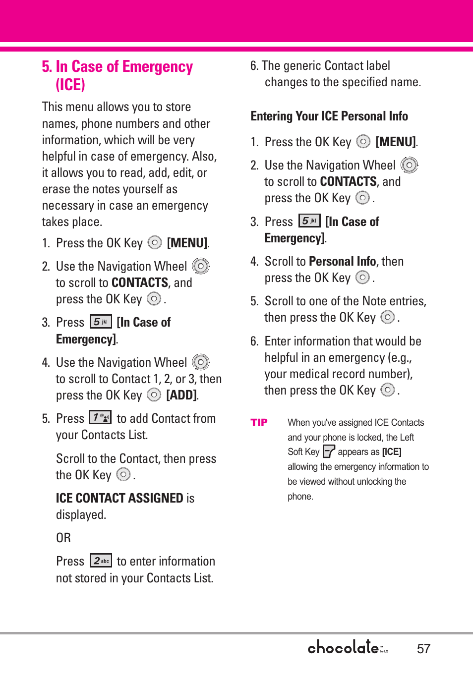 In case of emergency (ice) | LG Chocolate User Manual | Page 59 / 262