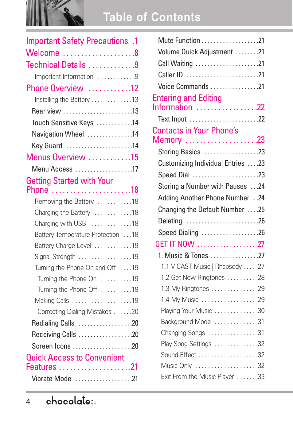 LG Chocolate User Manual | Page 6 / 262