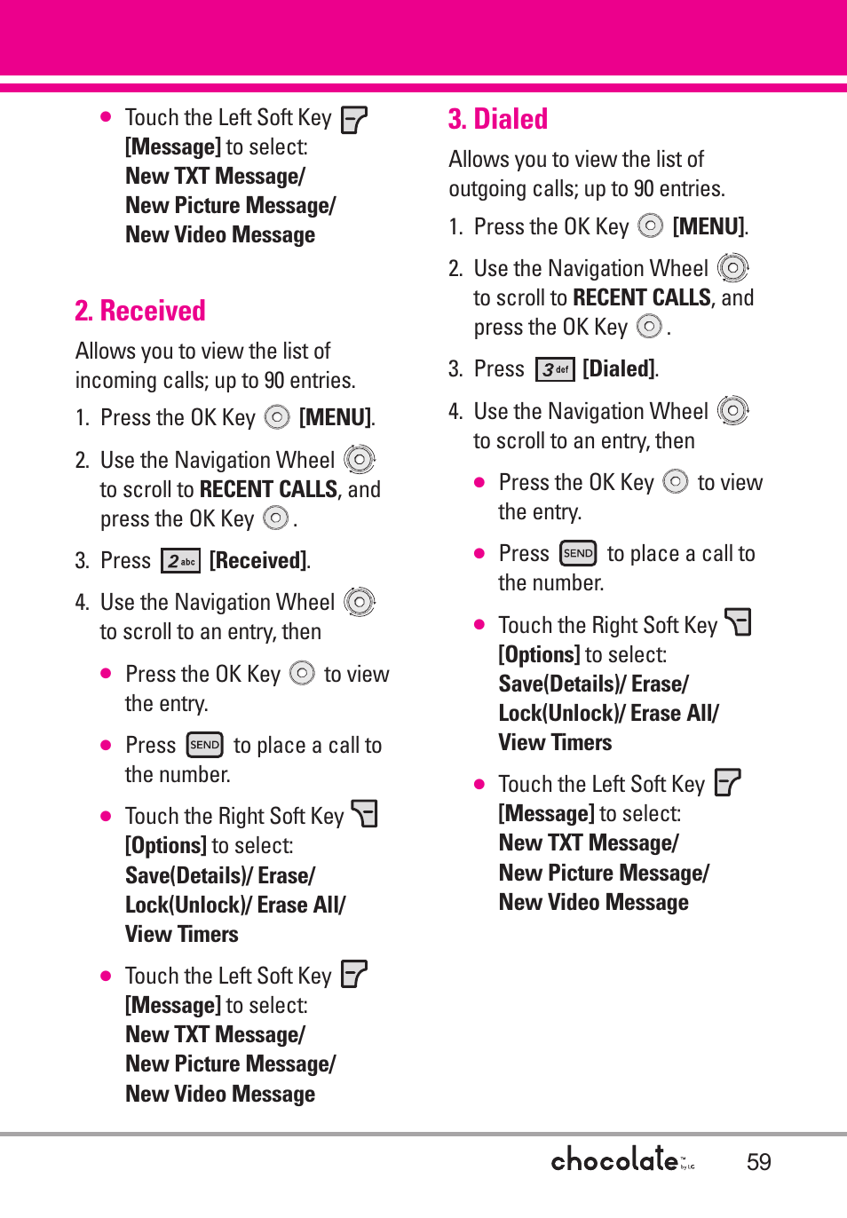 Received, Dialed | LG Chocolate User Manual | Page 61 / 262